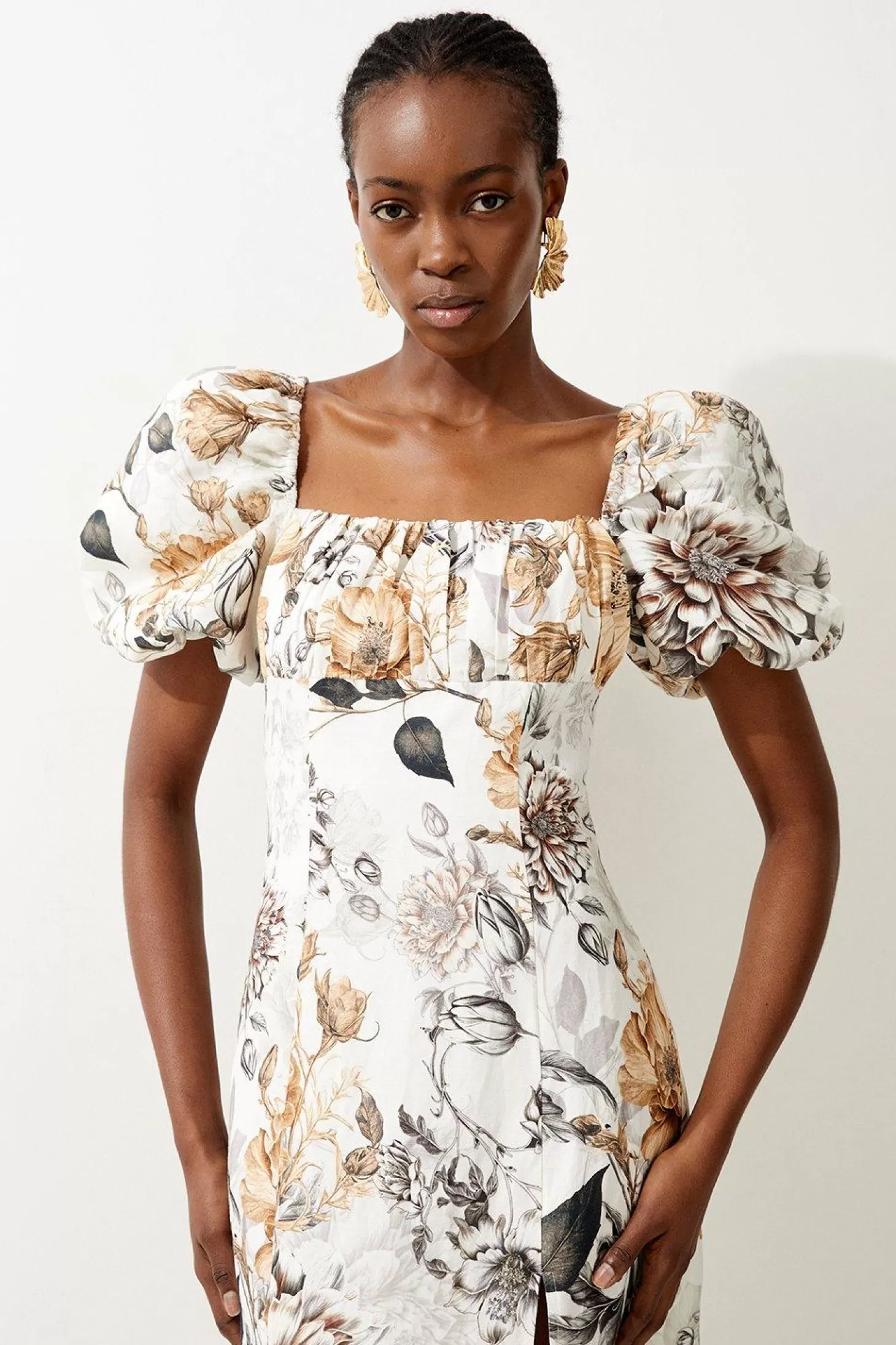 Karen Millen Spring Viscose Linen Woven Puff Sleeve Midi Dress