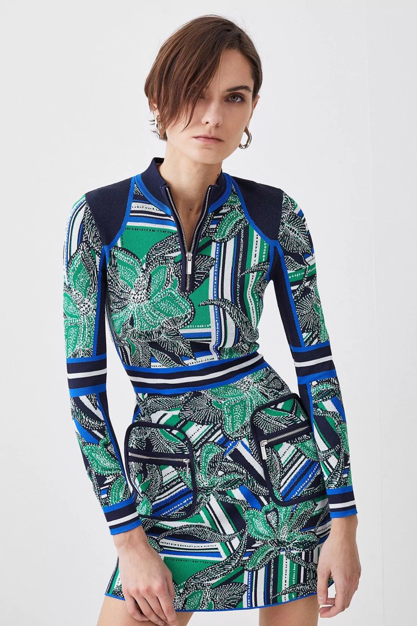 Karen Millen Stripe Floral Abstract Jacquard Knit Zip Neck Mini Dress