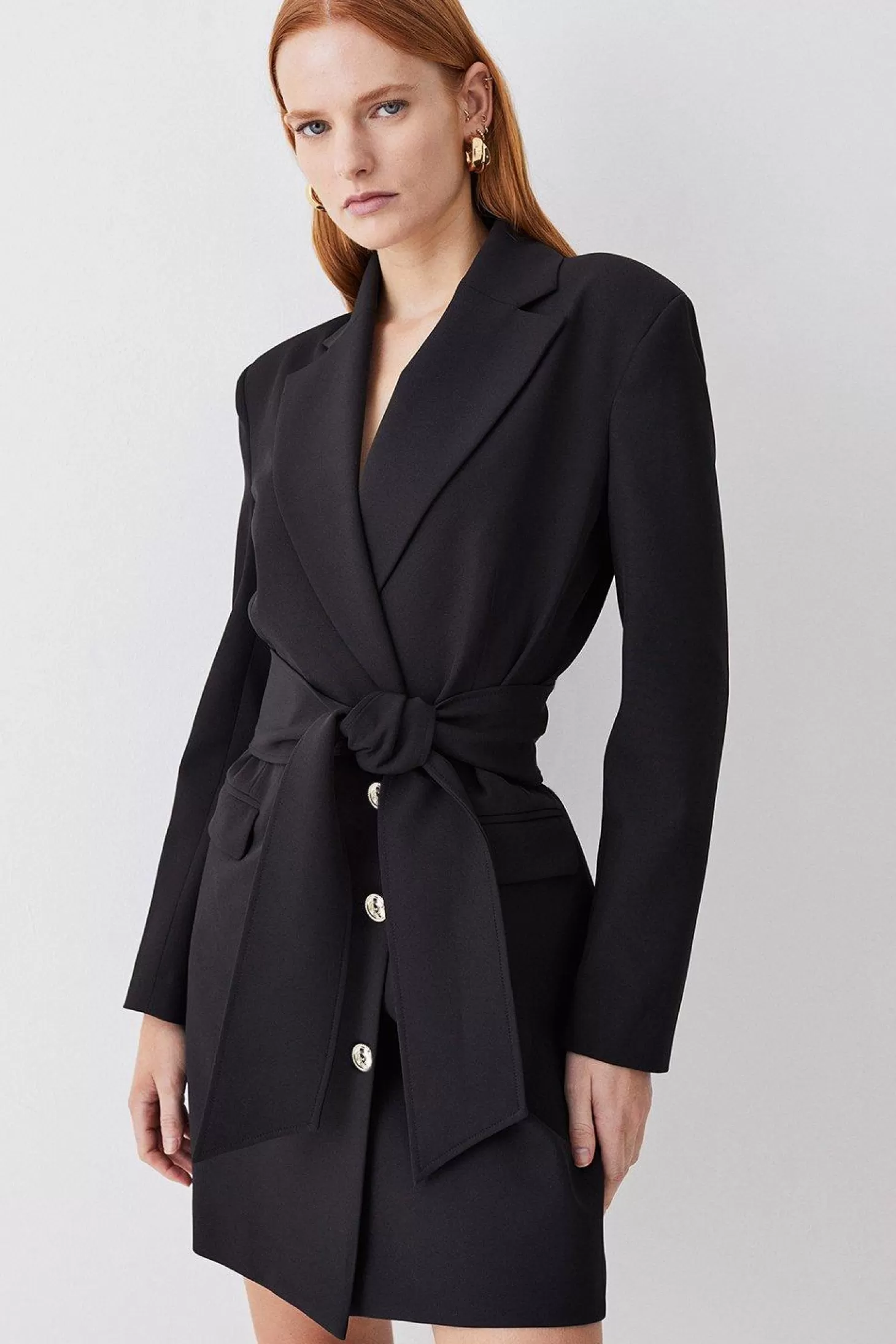 Karen Millen Tailored Compact Essential Self Tie Belted Tuxedo Blazer Mini Dress