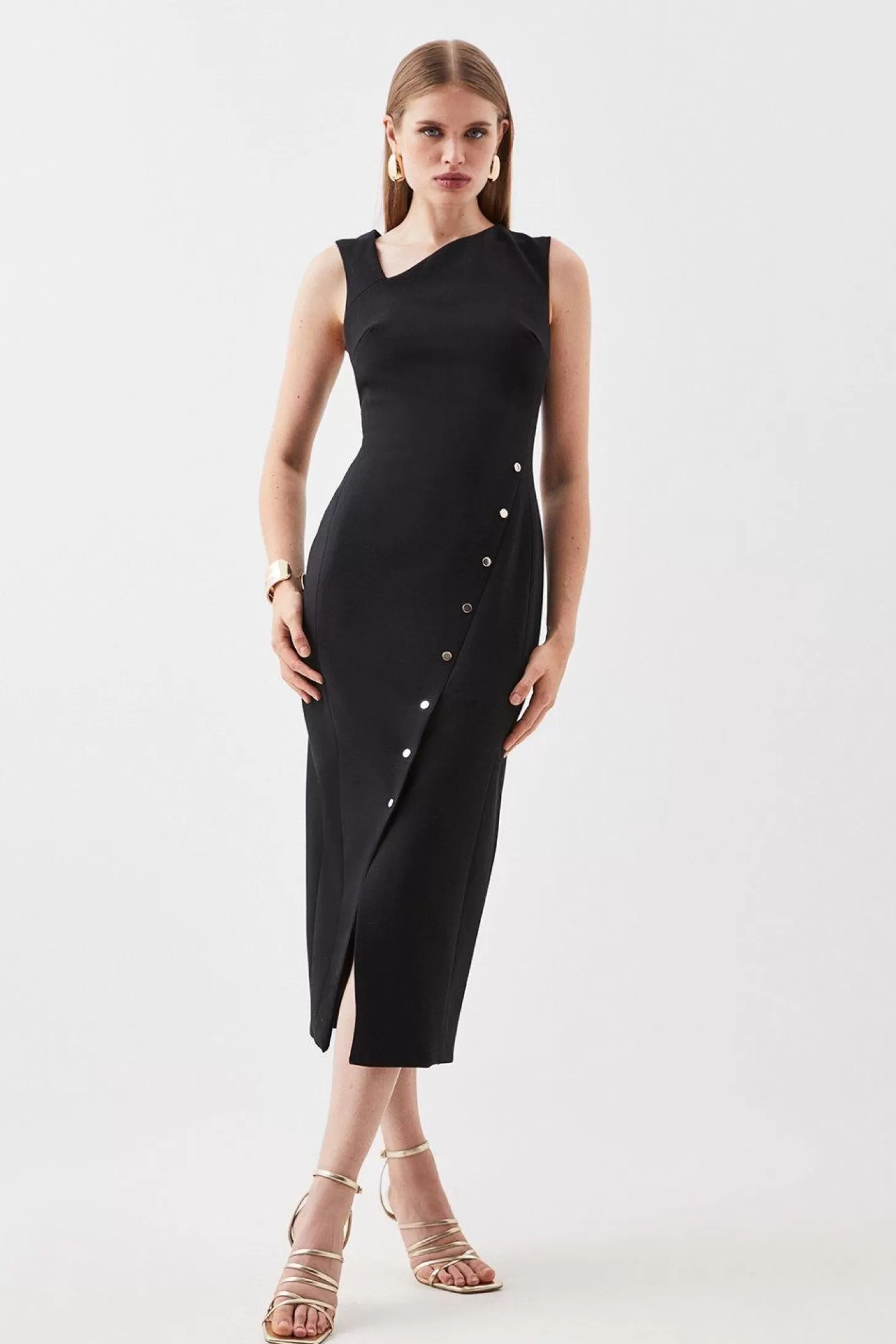 Karen Millen Tailored Compact Stretch Asymmetric Button Detail Midi Pencil Dress