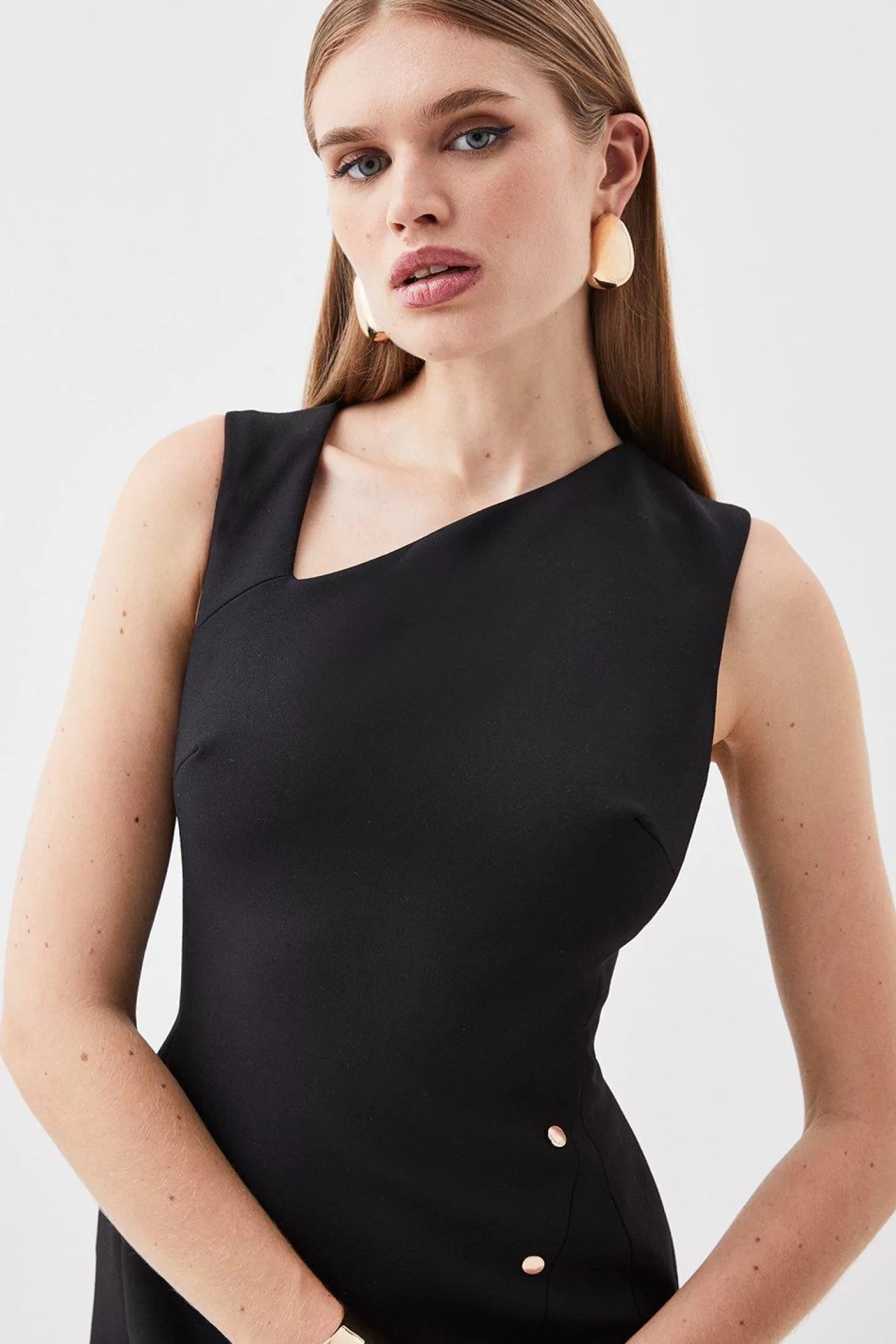 Karen Millen Tailored Compact Stretch Asymmetric Button Detail Midi Pencil Dress