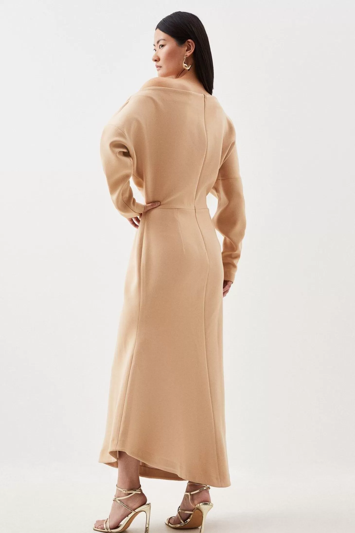 Karen Millen Tailored Compact Stretch Off Shoulder Long Sleeve Maxi Dress