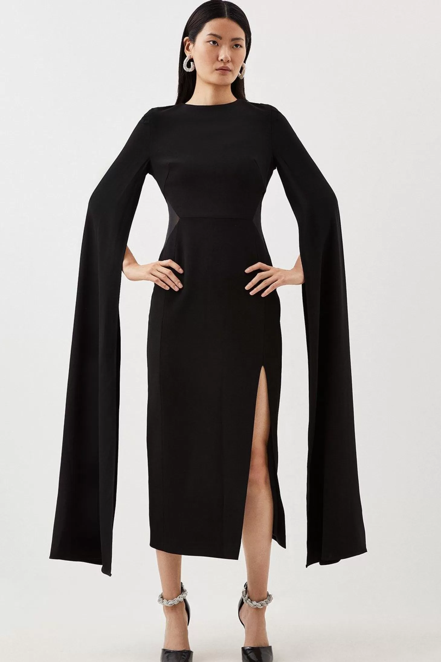 Karen Millen Tailored Compact Stretch Viscose Cape Mesh Panel Midi Dress
