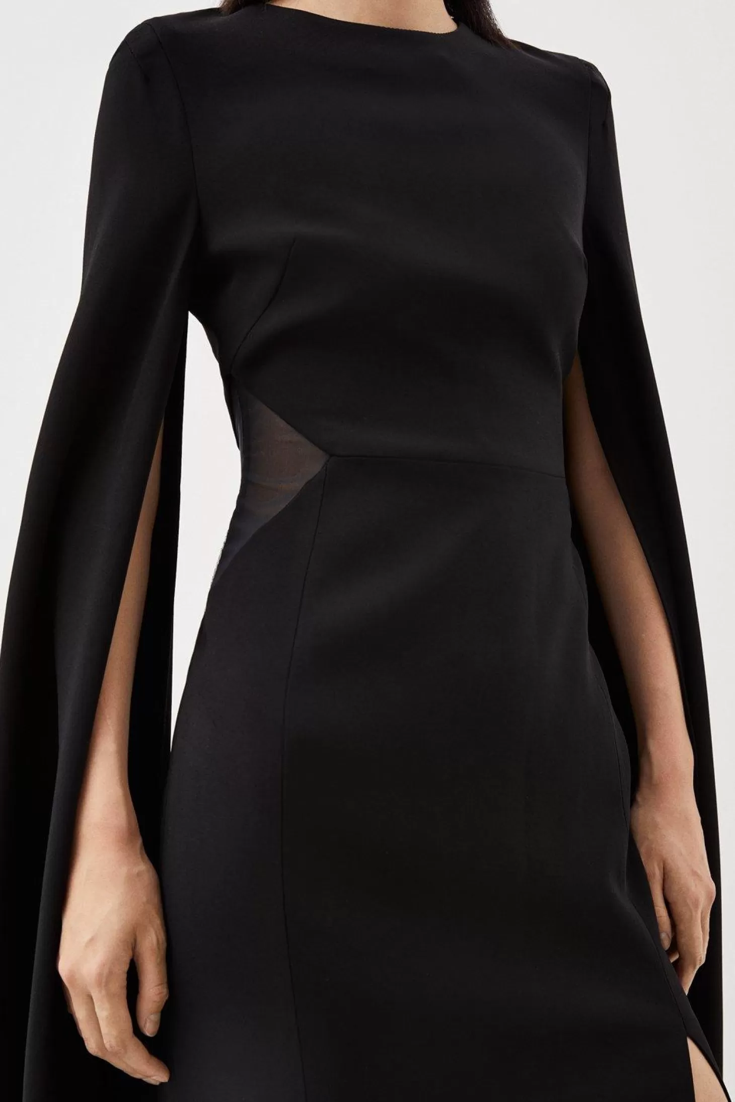 Karen Millen Tailored Compact Stretch Viscose Cape Mesh Panel Midi Dress