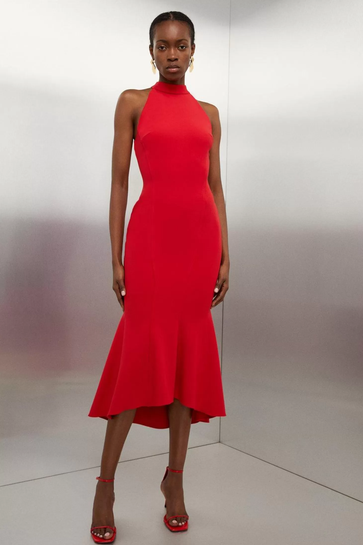 Karen Millen Tailo Compact Stretch Waterfall Hem High Neck Midi Dress