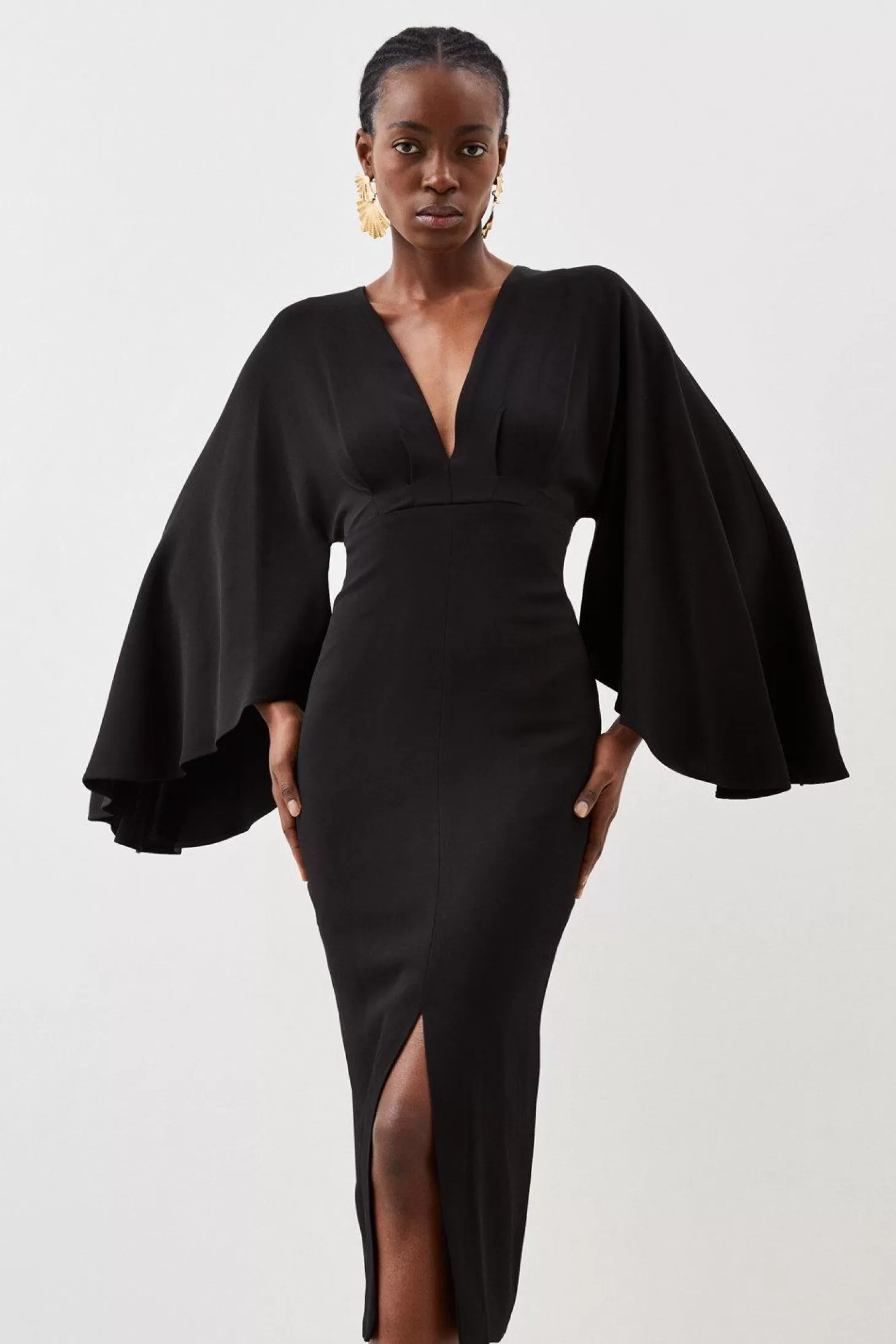 Karen Millen Tailored Compact Viscose Kimono Sleeve Plunge Neck Midi Dress