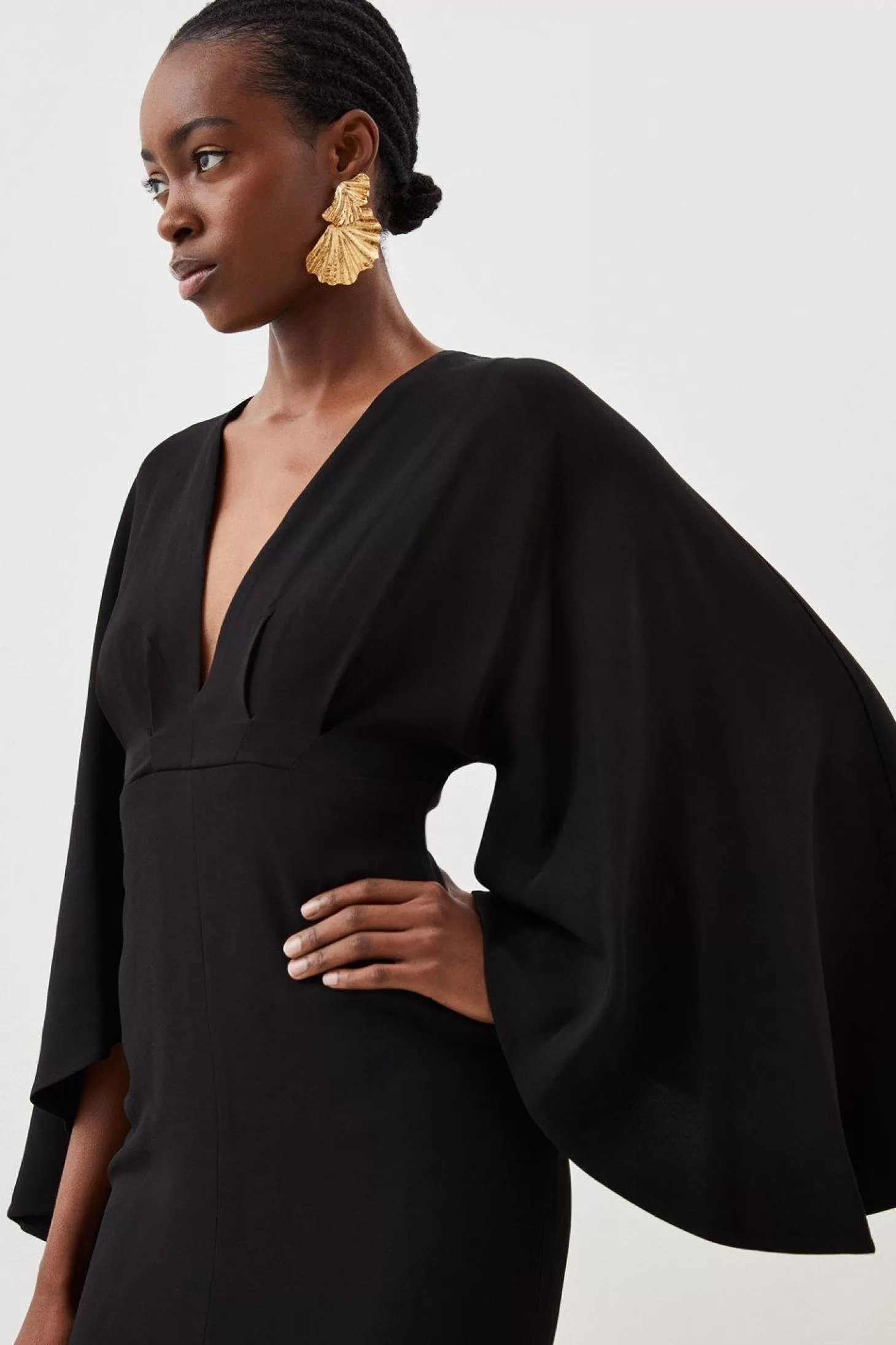 Karen Millen Tailored Compact Viscose Kimono Sleeve Plunge Neck Midi Dress