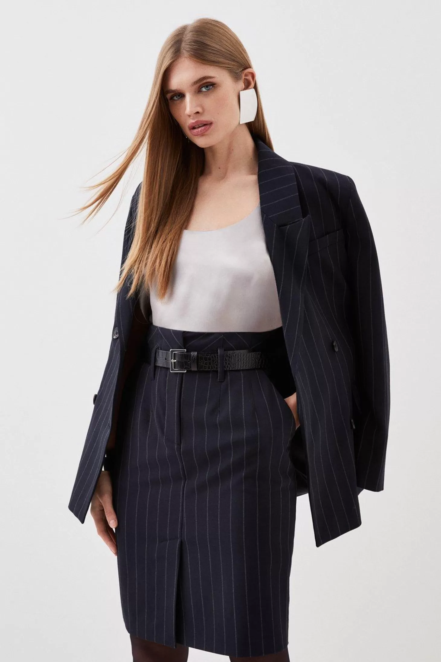 Karen Millen Tailored Corset Waist Striped Midi Skirt