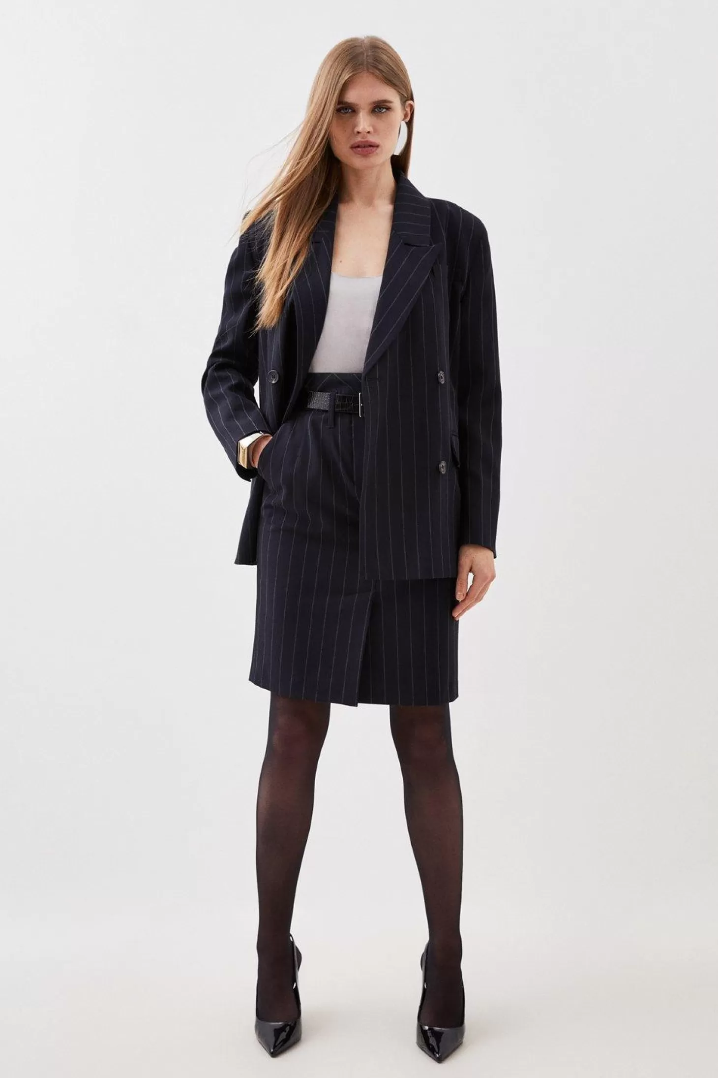 Karen Millen Tailored Corset Waist Striped Midi Skirt