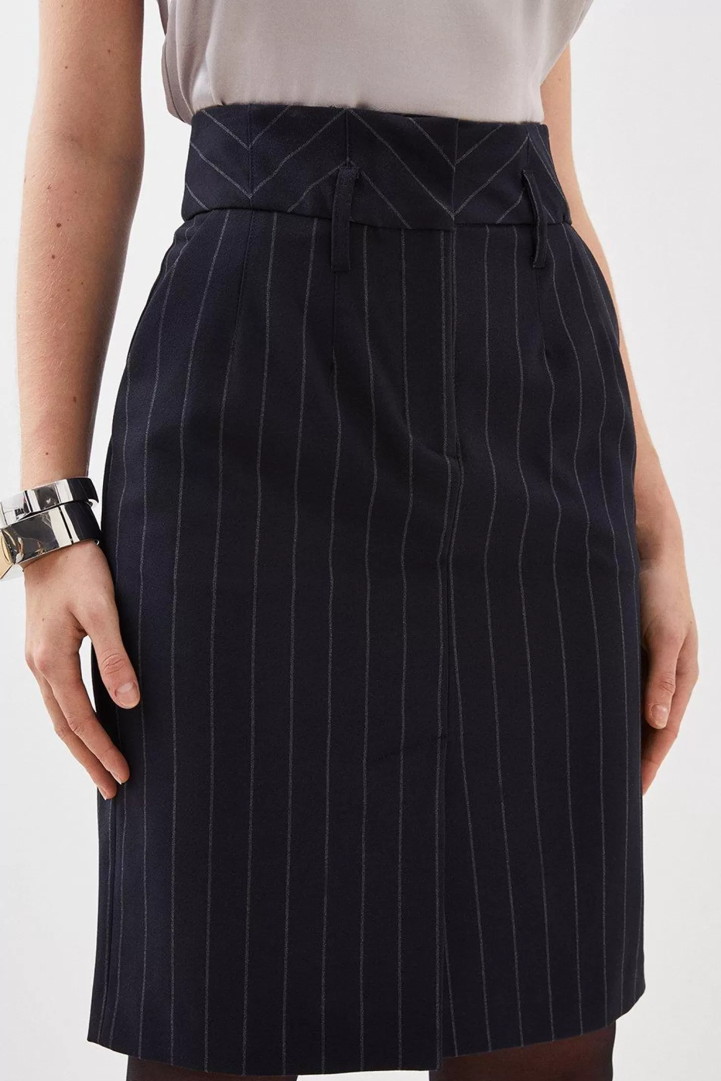 Karen Millen Tailored Corset Waist Striped Midi Skirt