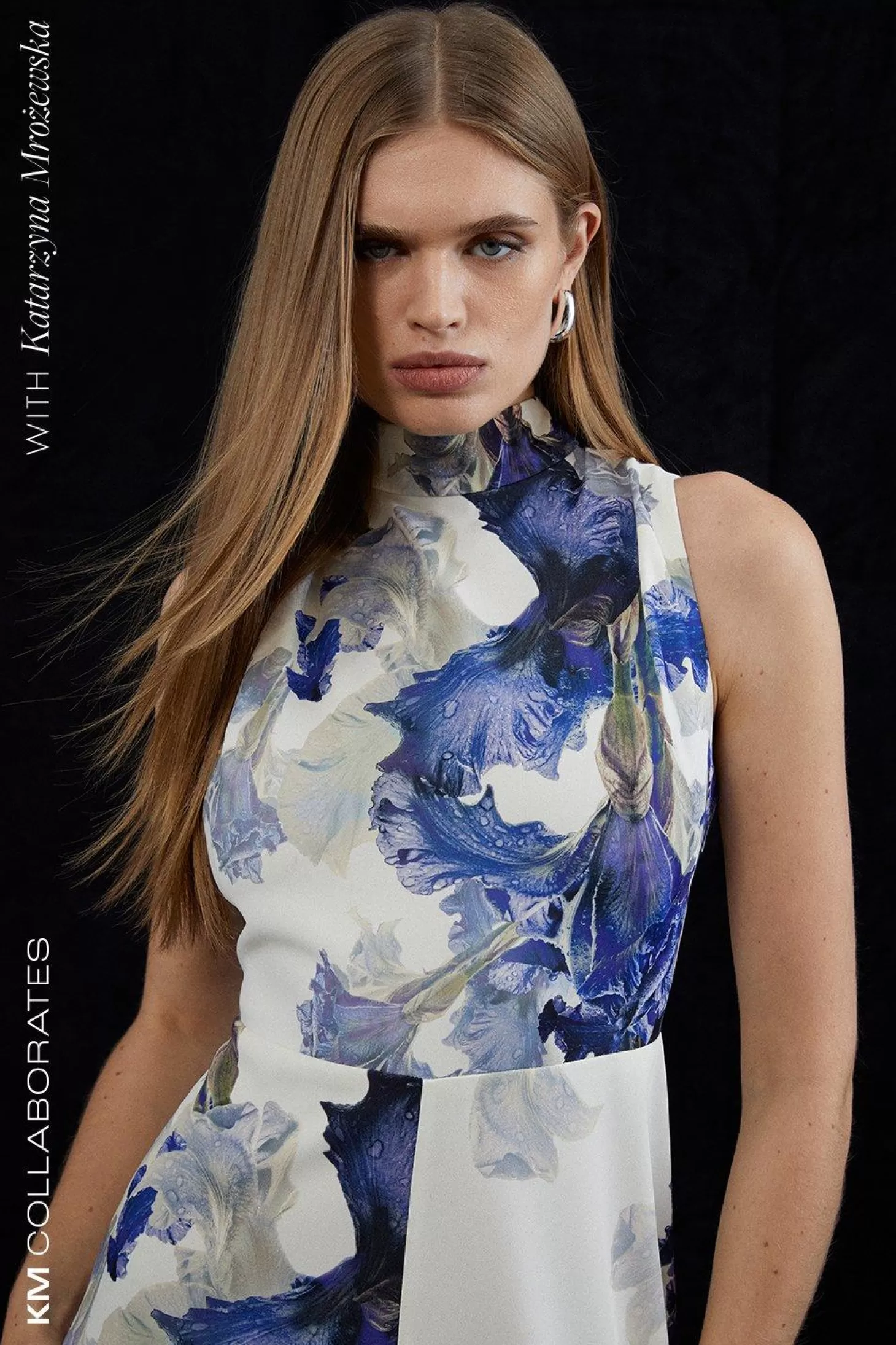 Karen Millen Tailored Crepe Floral Print Tie Neck Midi Dress