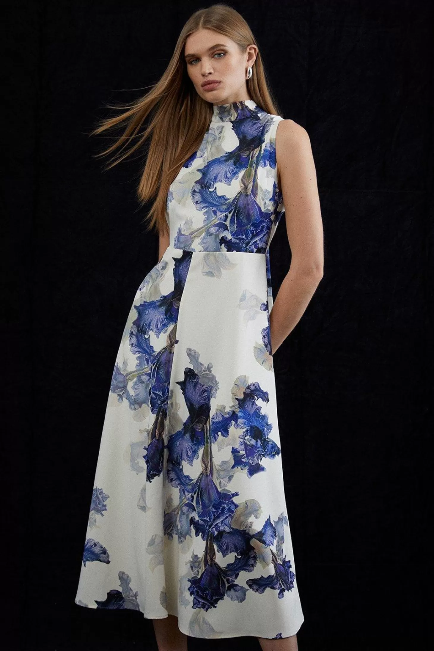Karen Millen Tailored Crepe Floral Print Tie Neck Midi Dress