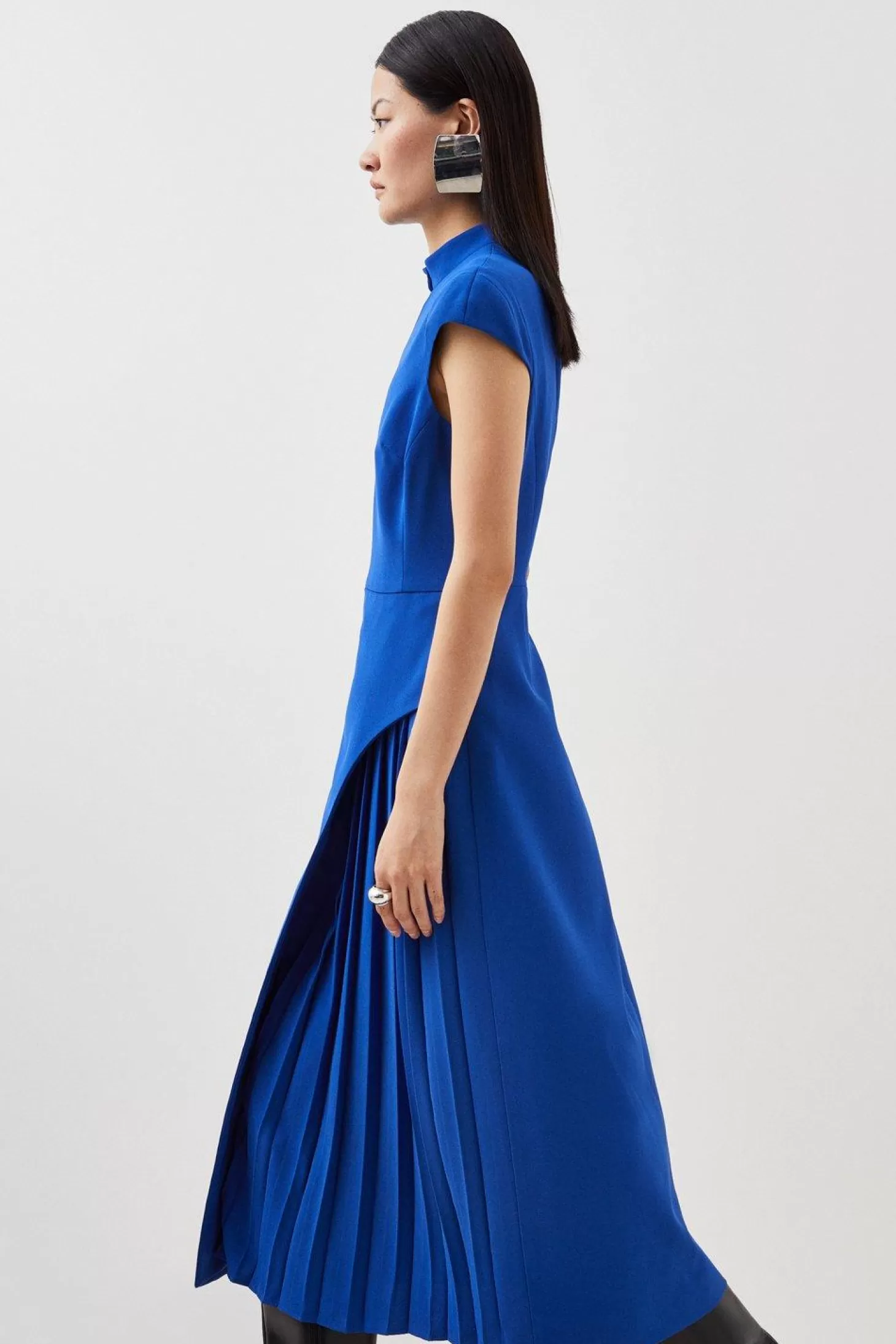 Karen Millen Tailored Crepe High Neck Side Pleat Detail Midi Dress