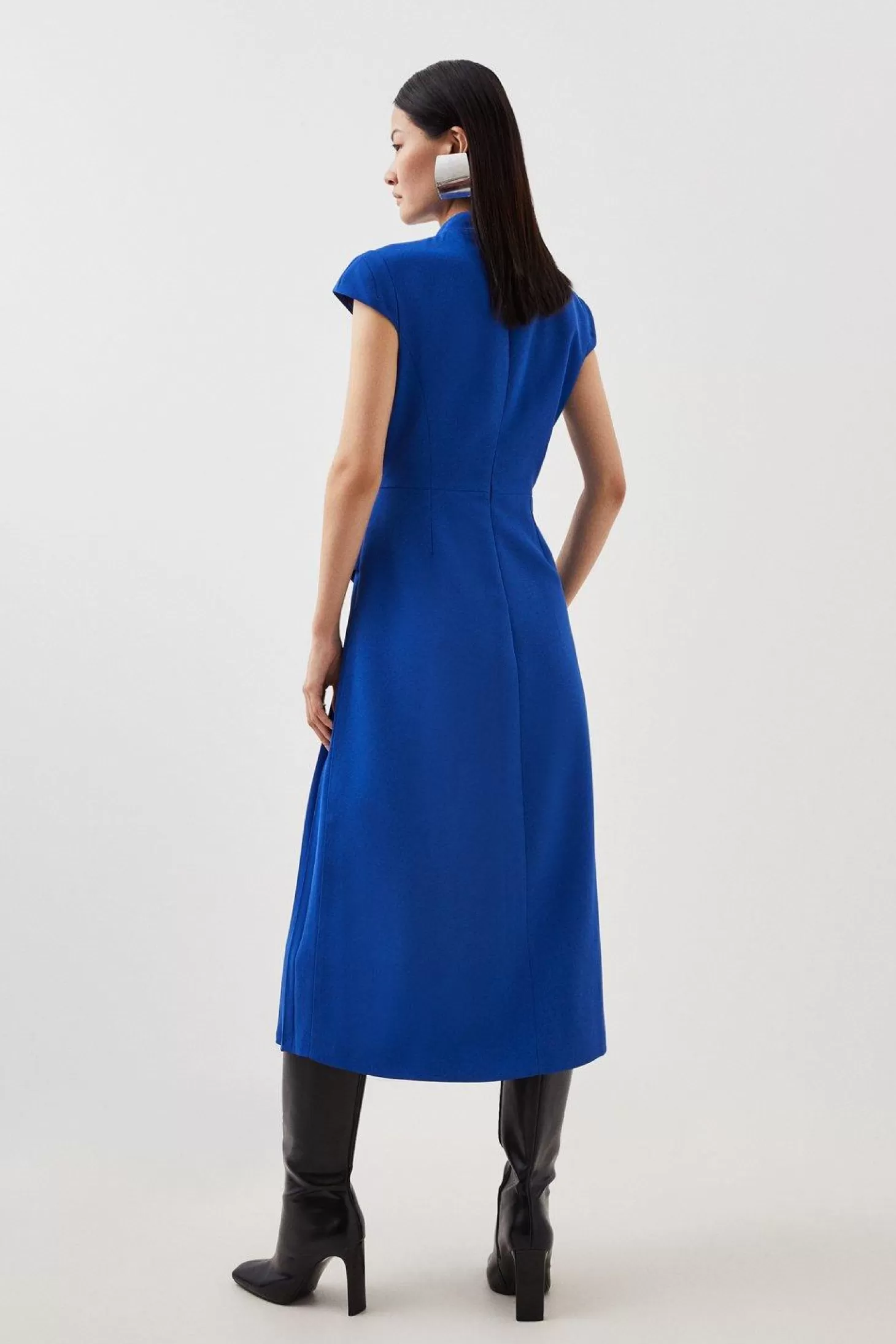 Karen Millen Tailored Crepe High Neck Side Pleat Detail Midi Dress