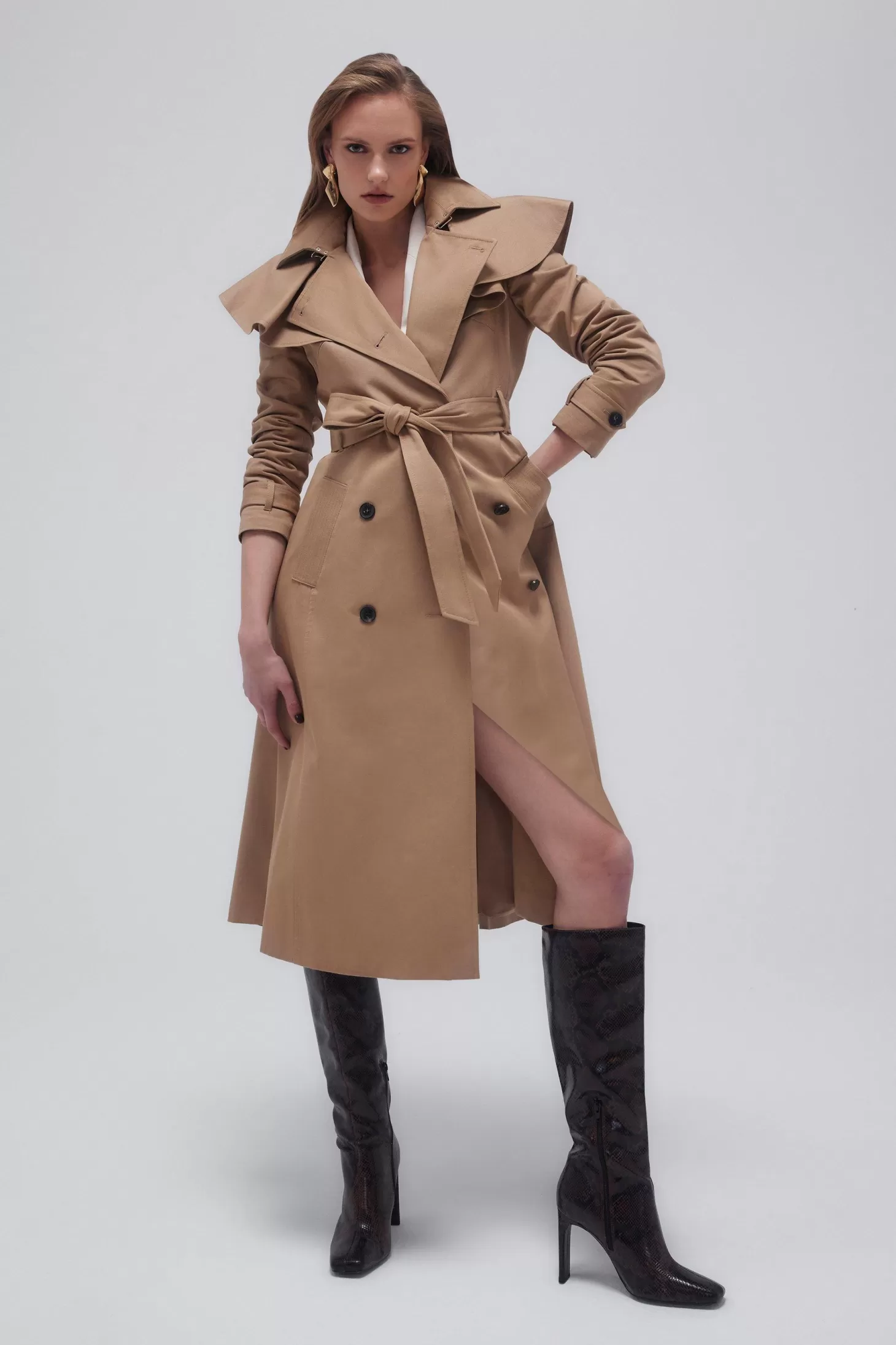Karen Millen Tailored Draped Storm Flap Detail Belted Trench Coat