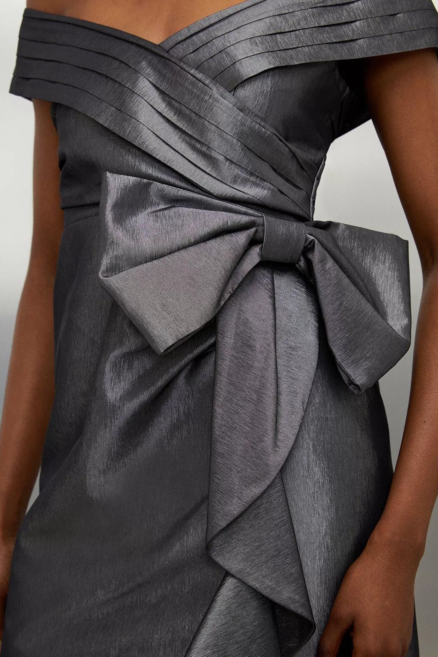 Karen Millen Tailored Off Shoulder Metallic Bow Drape Detail Mini Dress