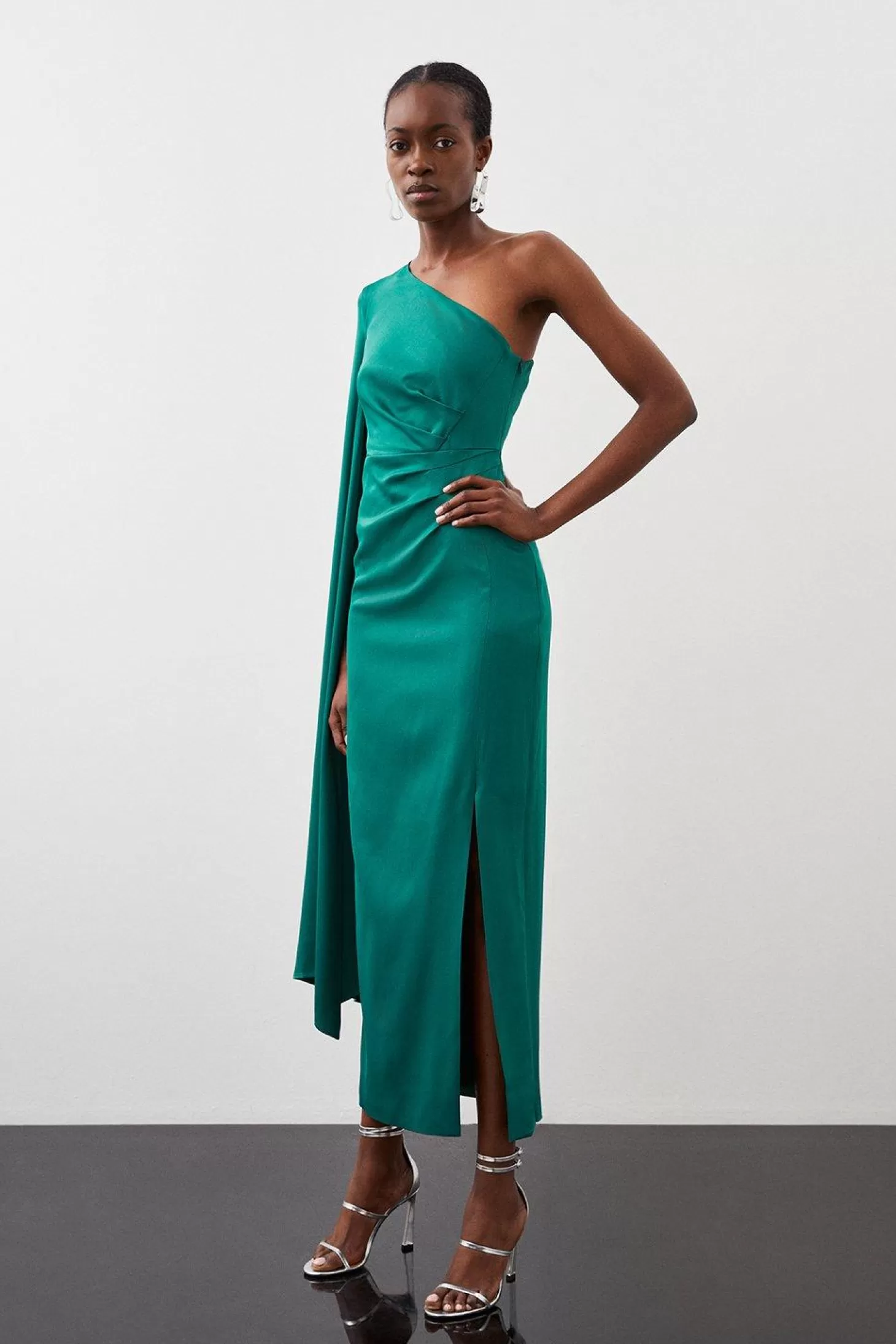 Karen Millen Tailored Satin Back Crepe Drape One Shoulder Maxi Dress