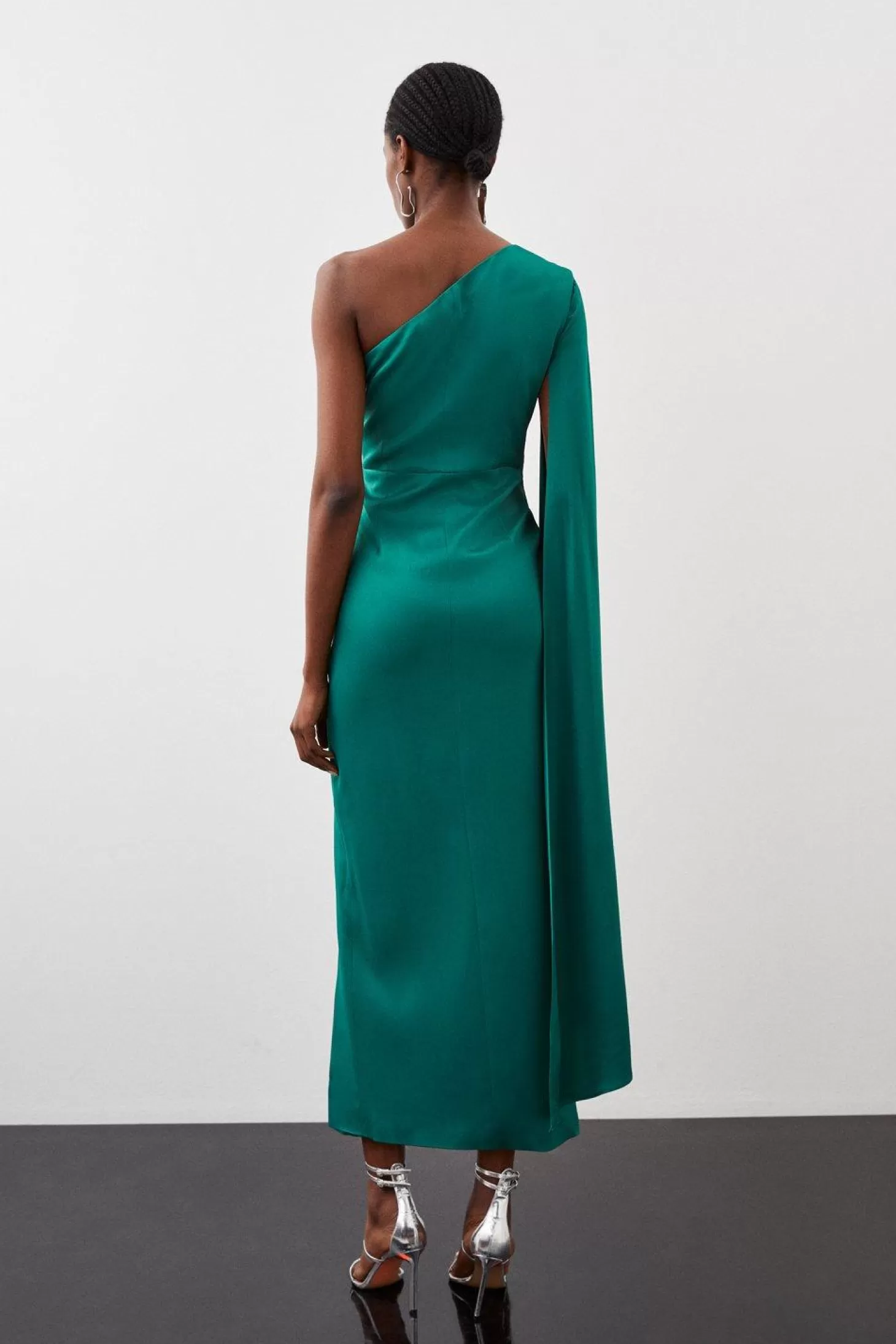 Karen Millen Tailored Satin Back Crepe Drape One Shoulder Maxi Dress