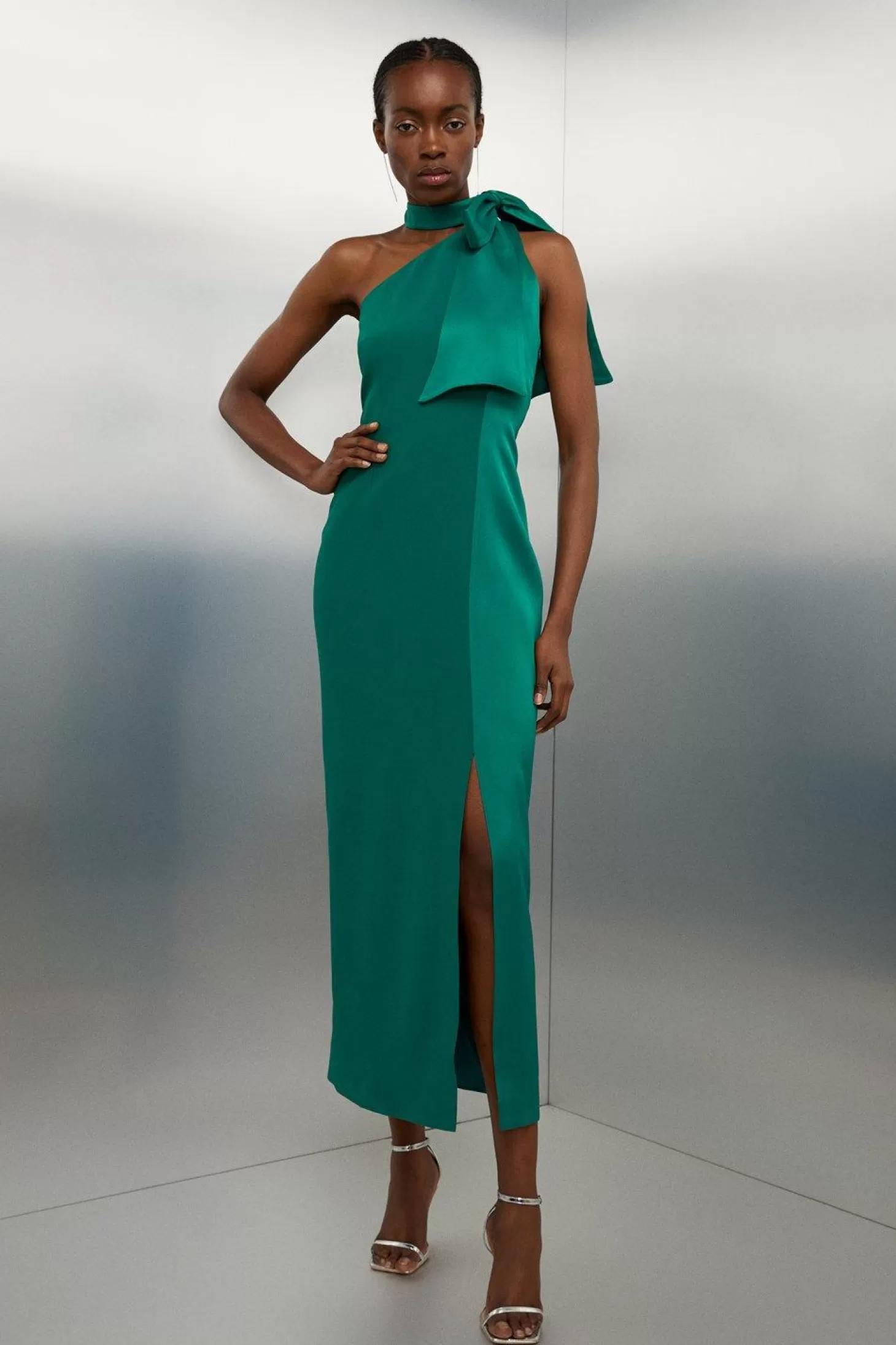 Karen Millen Tailored Satin Back Crepe Tie Neck Contrast Panel Maxi Dress
