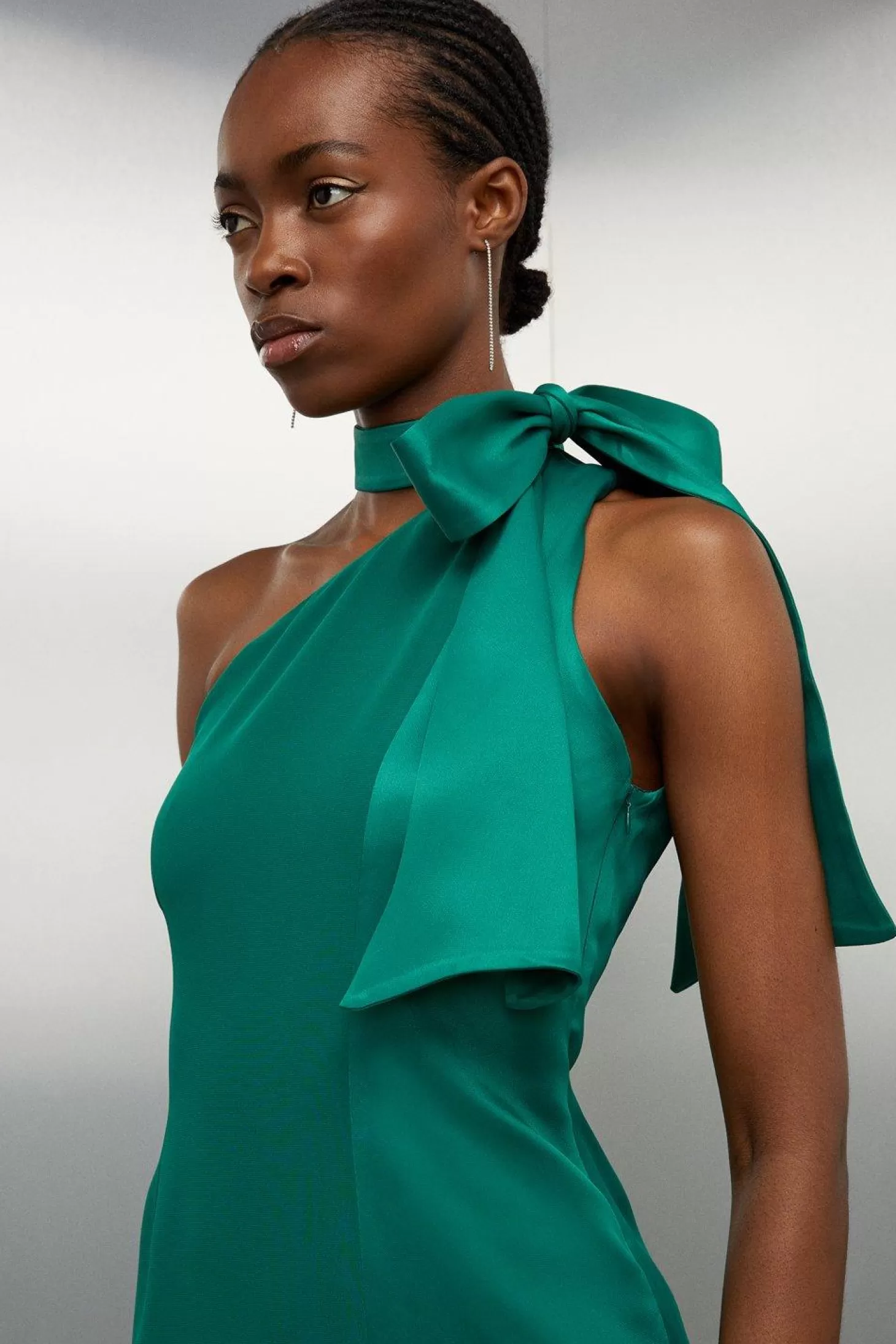 Karen Millen Tailored Satin Back Crepe Tie Neck Contrast Panel Maxi Dress