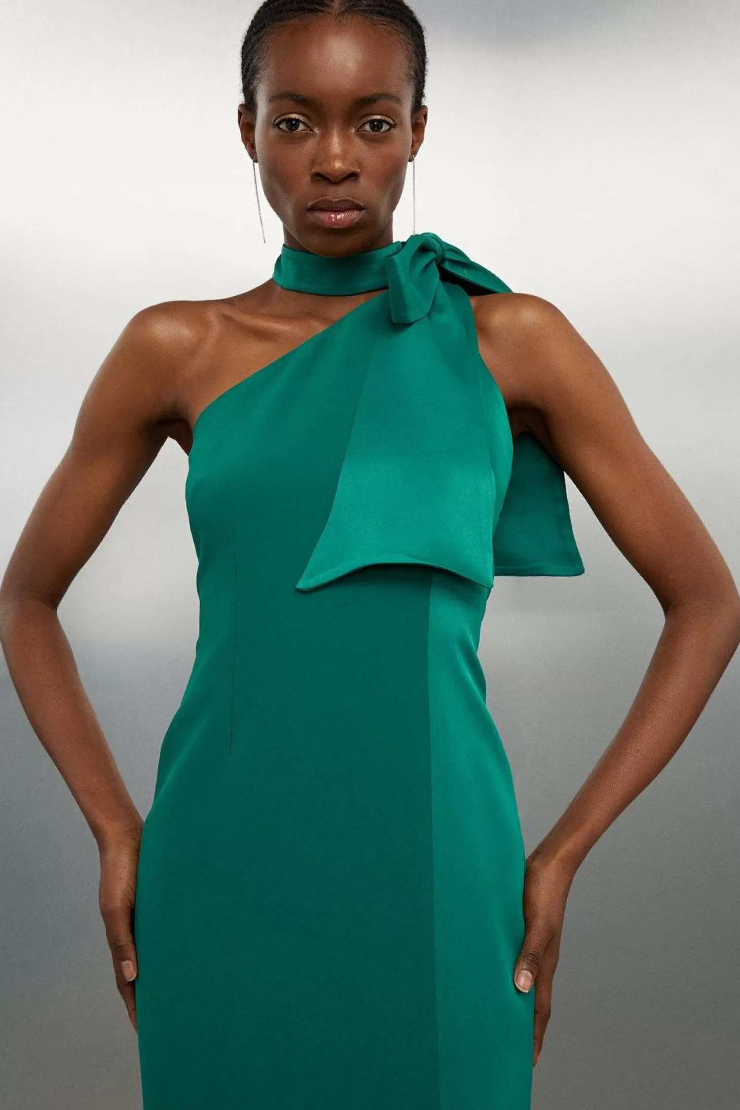 Karen Millen Tailored Satin Back Crepe Tie Neck Contrast Panel Maxi Dress