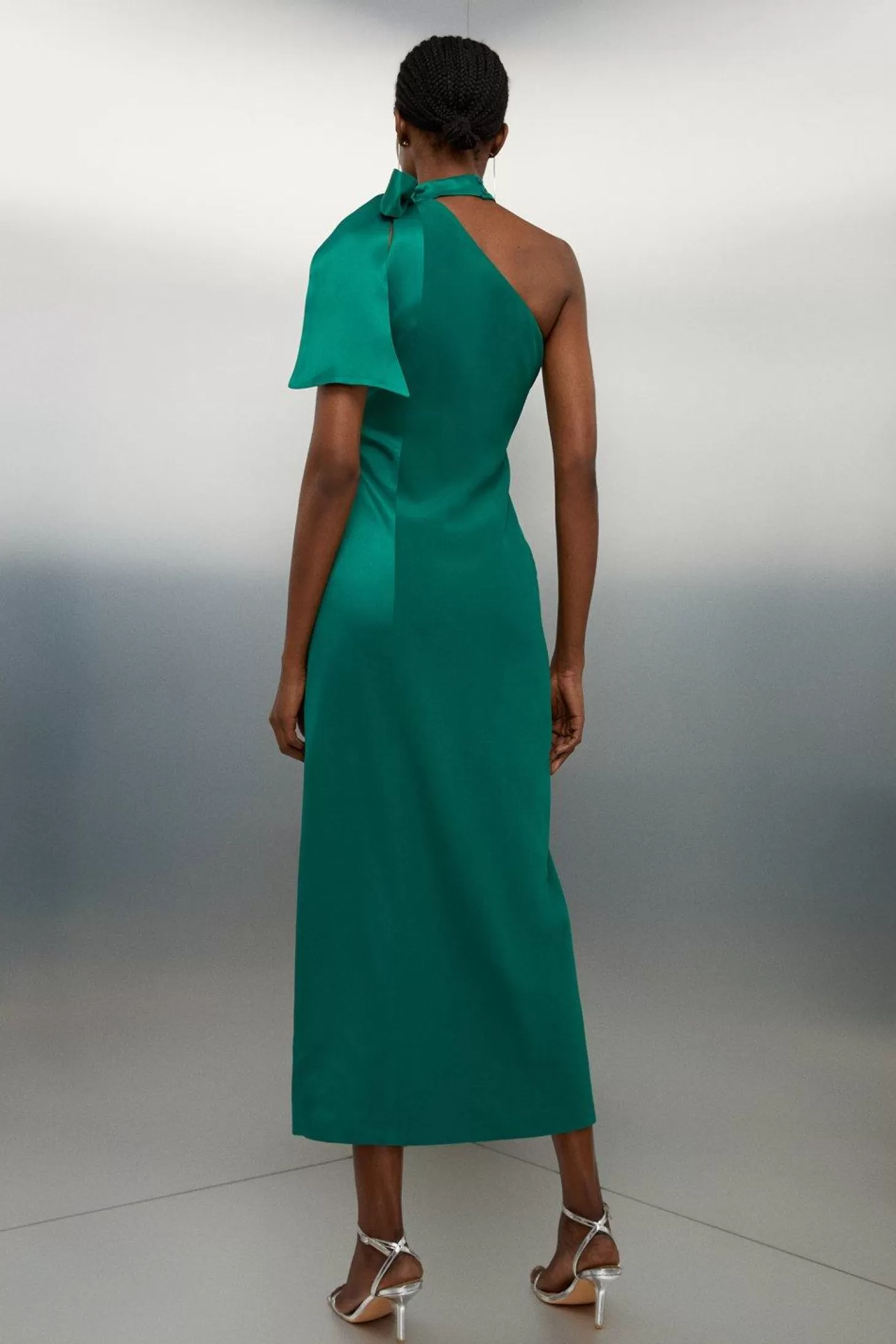 Karen Millen Tailored Satin Back Crepe Tie Neck Contrast Panel Maxi Dress
