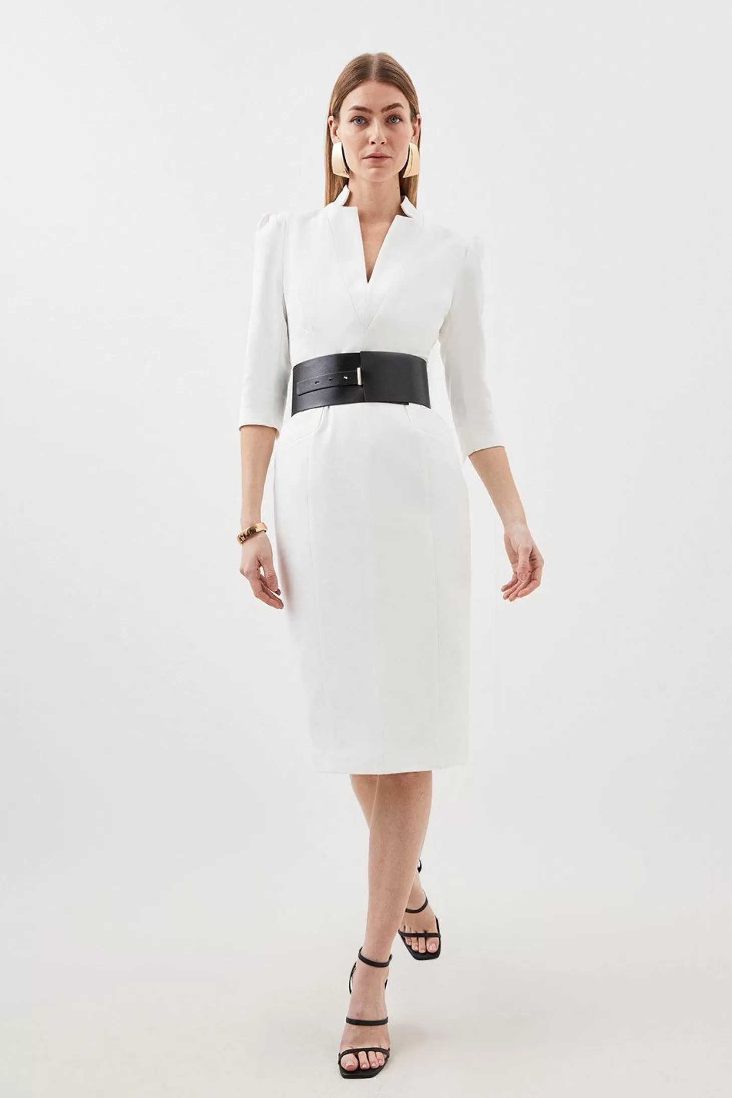 Karen Millen Tailored Structured Crepe Forever Wide Belt Pencil Midi Dress