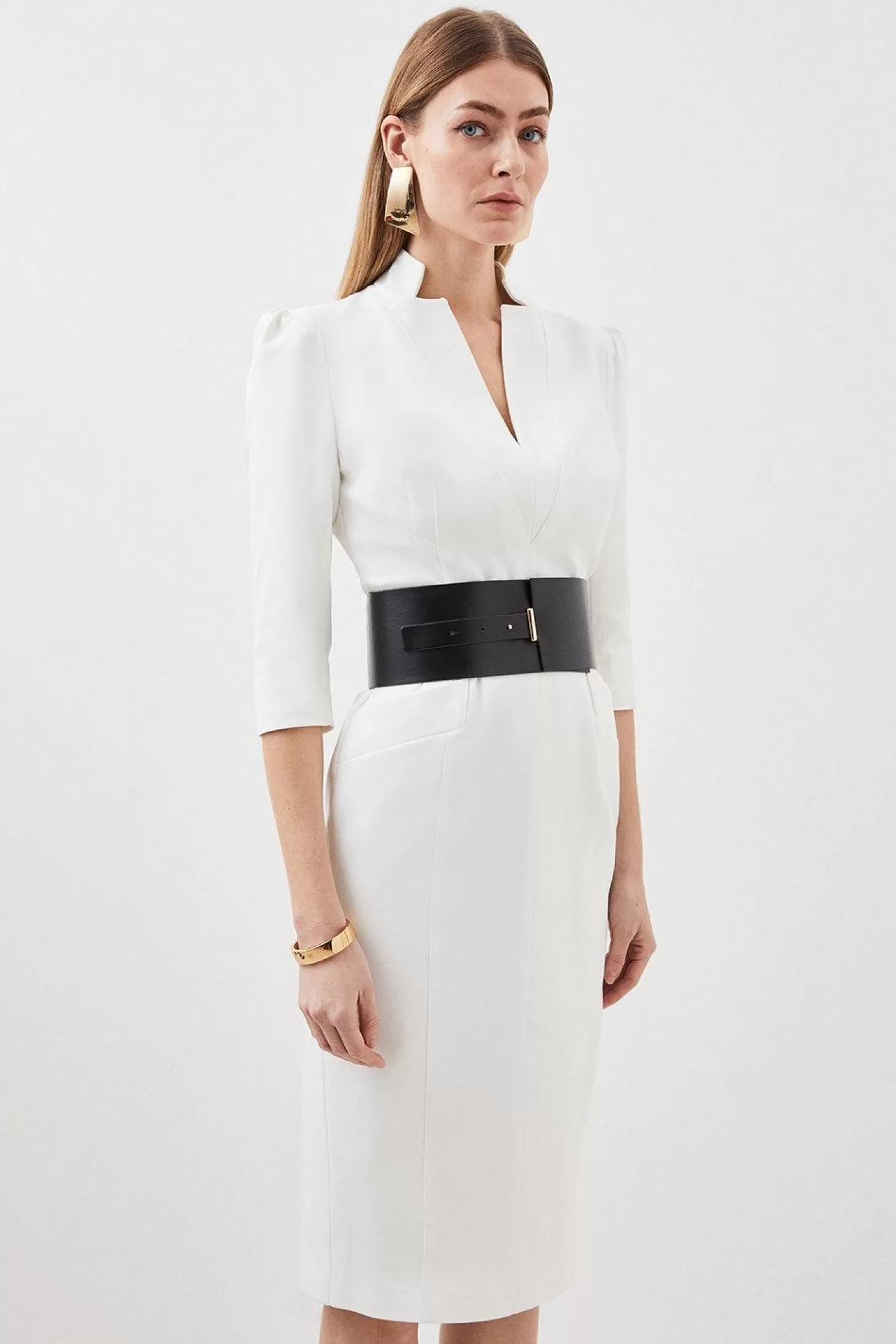 Karen Millen Tailored Structured Crepe Forever Wide Belt Pencil Midi Dress