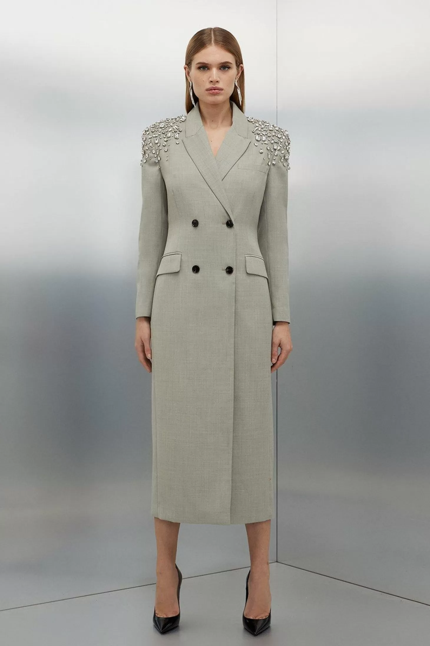 Karen Millen Tailored Wool Blend Embellished Open Back Detail Midi Blazer Dress