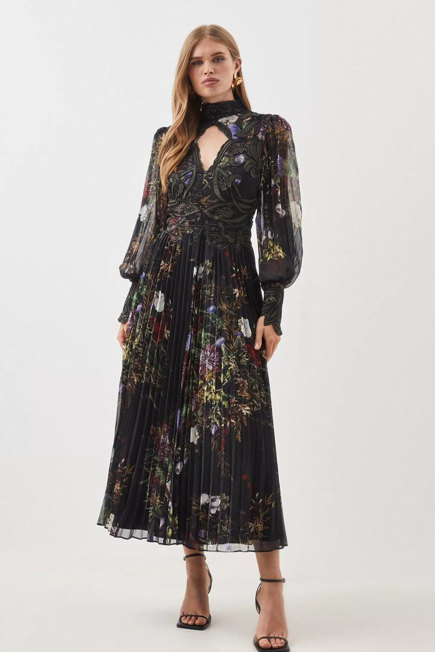 Karen Millen Tall Size Floral Applique Pleated Maxi Dress