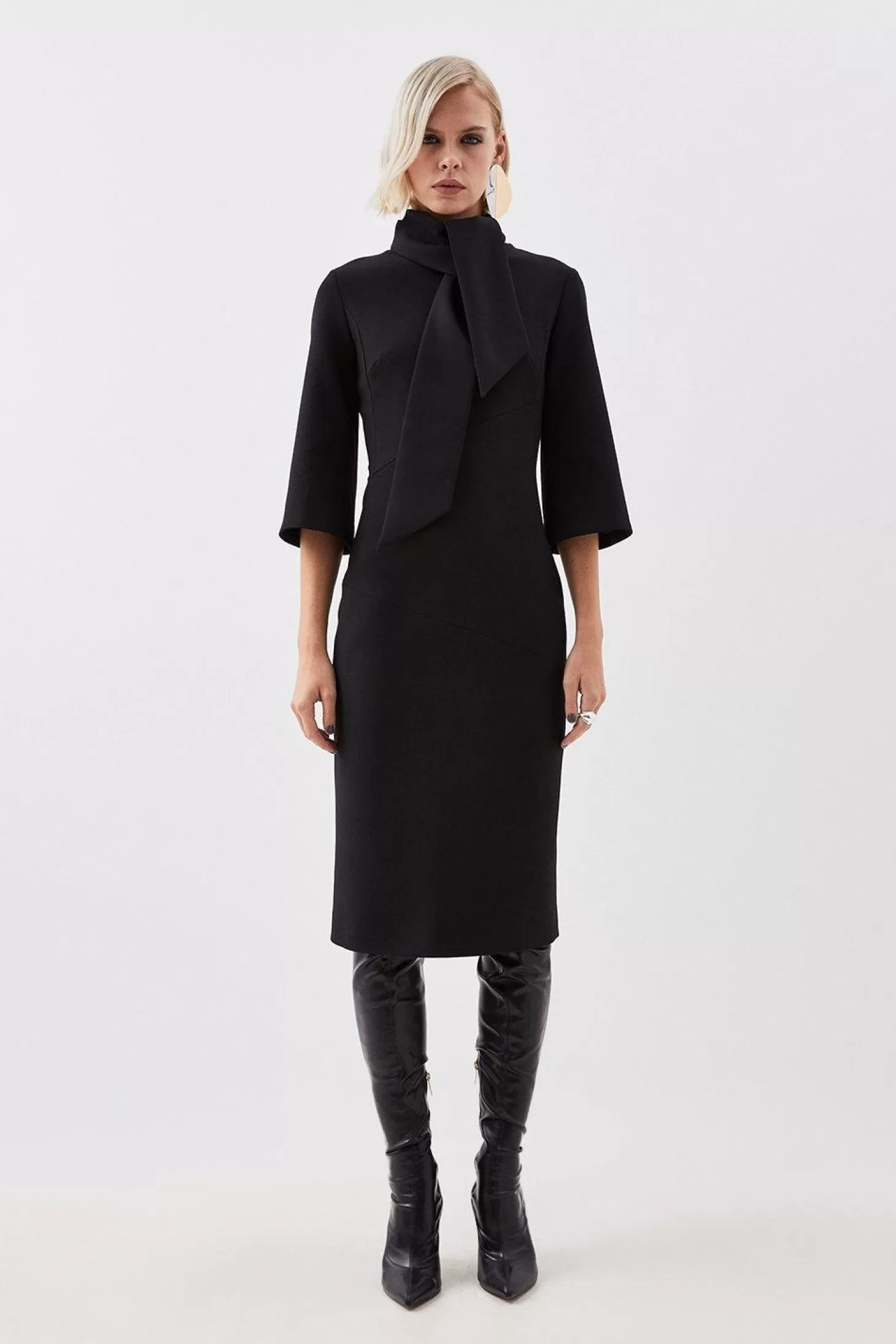 Karen Millen The Founder Tailored Compact Stretch Neck Tie Midi Pencil Dress