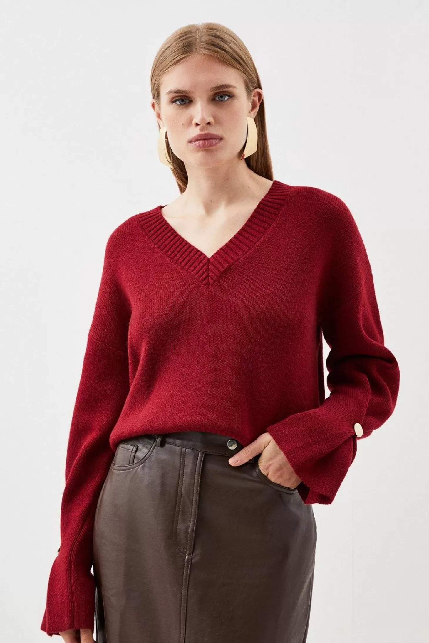 Karen Millen V Neck Premium Alpaca Wool Blend Mid Weight Full Sleeve Knit Sweater