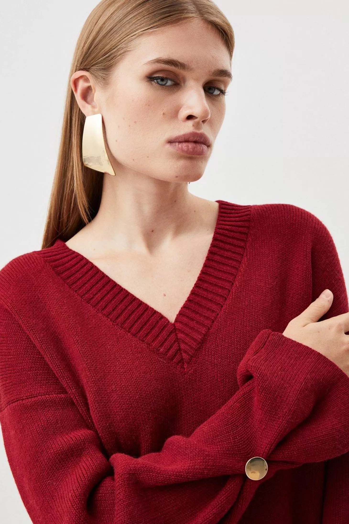 Karen Millen V Neck Premium Alpaca Wool Blend Mid Weight Full Sleeve Knit Sweater