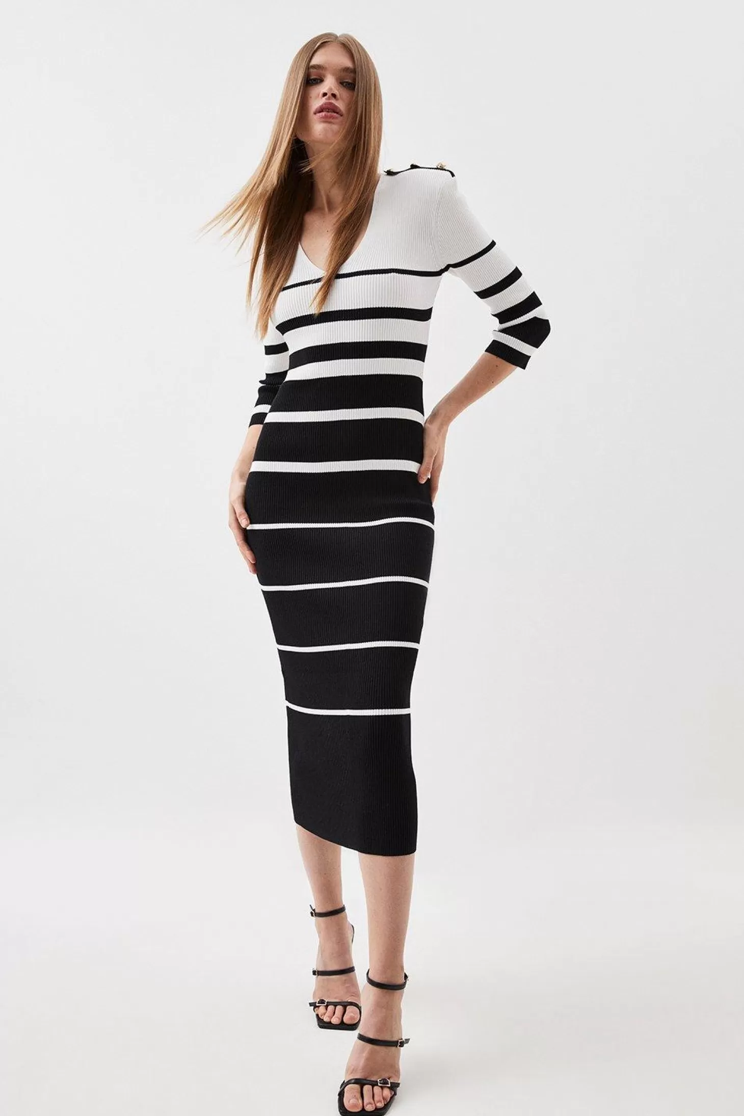 Karen Millen Viscose Blend d Rib Knit Military Trim Dress With Power Shoulder