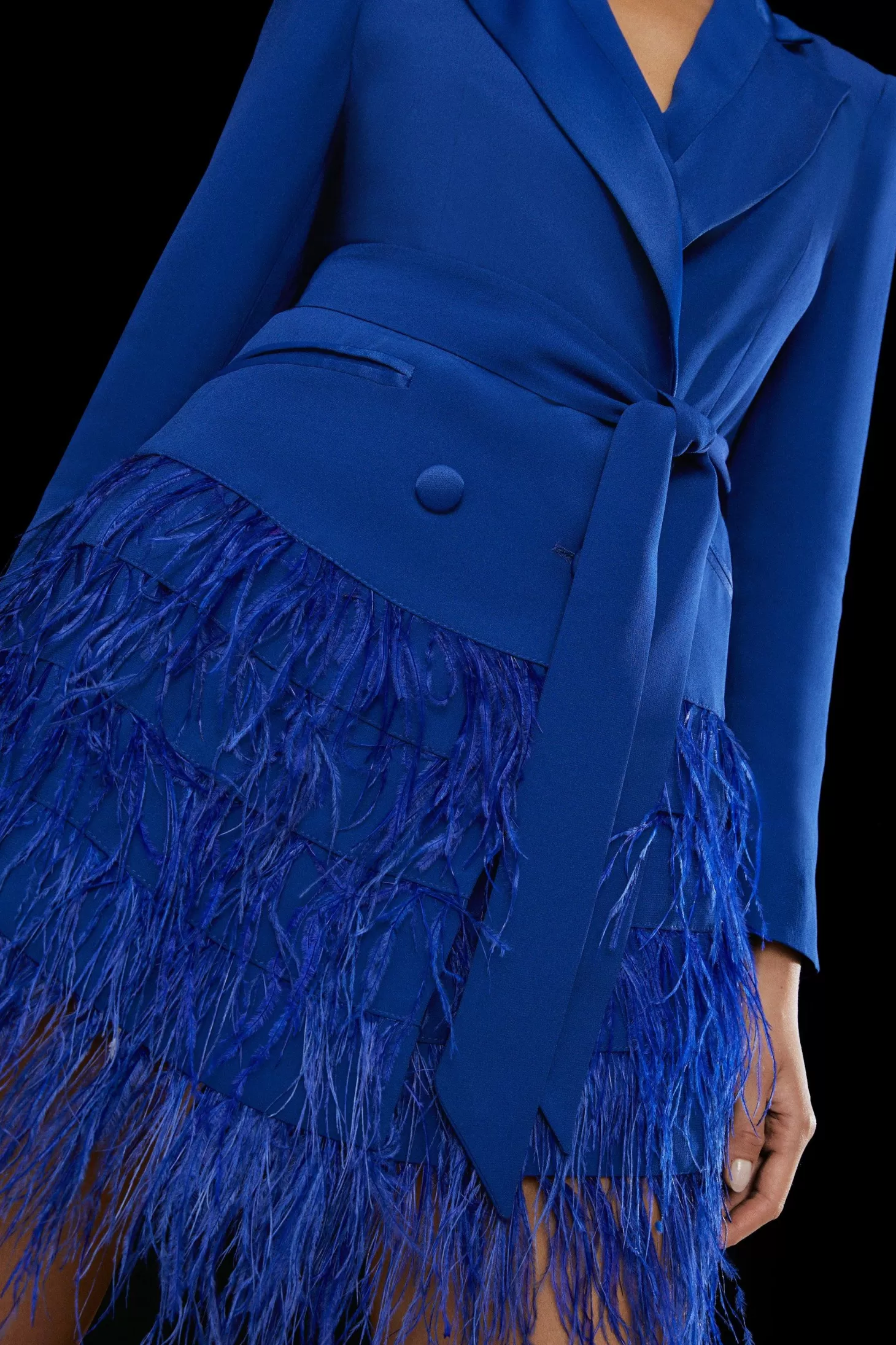 Karen Millen Viscose Satin Crepe Feather Hem Tailored Double Breasted Tux Mini Dress