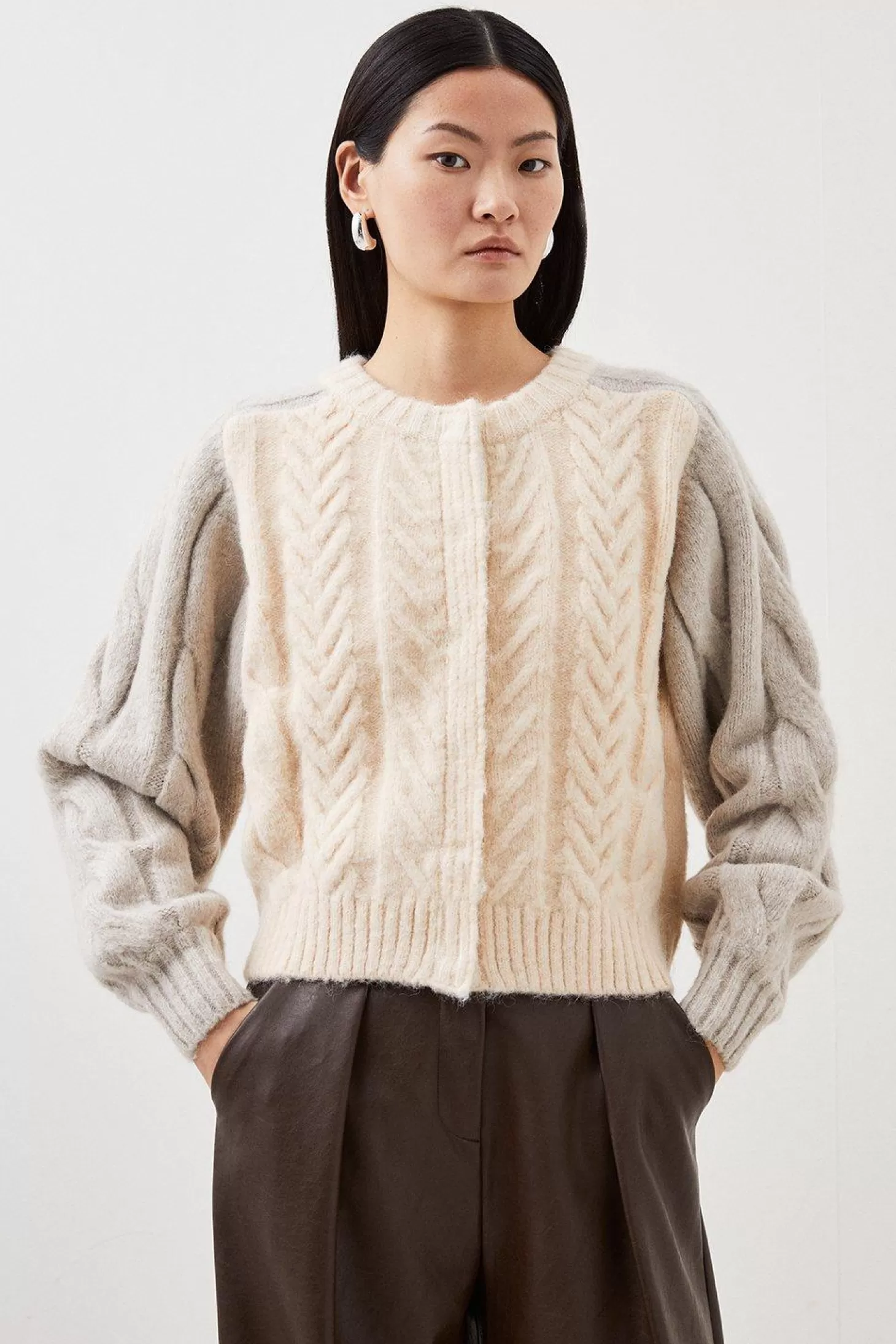 Karen Millen Wool Blend Cable Color Block Cardigan